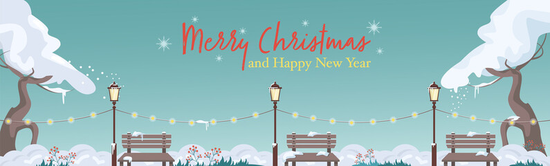 Winter panorama of the park with trees, benches, lanterns, city silhouette. Horizontal design element for card, header, invitation. Vector illustration.