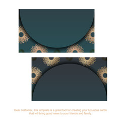 Business card with gradient green color with mandala gold pattern for your contacts.