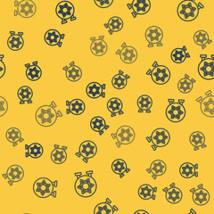 Blue line Jewish synagogue building or jewish temple icon isolated seamless pattern on yellow background. Hebrew or judaism construction with David star. Vector