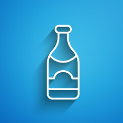 White line Champagne bottle icon isolated on blue background. Merry Christmas and Happy New Year. Long shadow. Vector