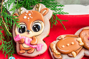 gingerbread christmas cookie new year treat hand painted sweet dessert gingerbread man ginge meal snack on the table copy space food background rustic
