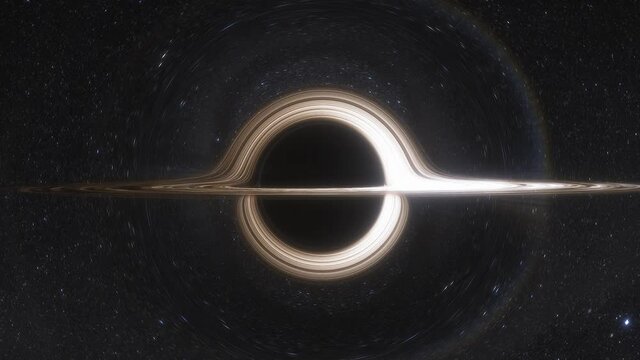 Animation of supermassive black hole. Accretion disk of matter on the event horizon of black hole. Space, light and time are distorted by strong gravity on the event horizon