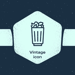 Grunge line Full trash can icon isolated on blue background. Garbage bin sign. Recycle basket icon. Office trash icon. Monochrome vintage drawing. Vector