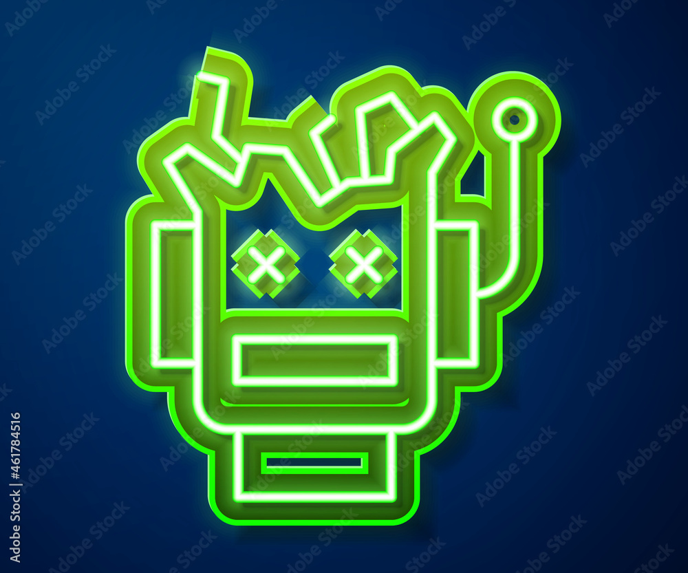 Poster glowing neon line broken robot icon isolated on blue background. artificial intelligence, machine le