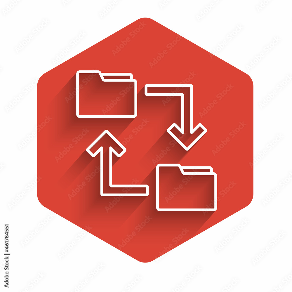 Poster white line cloud storage text document folder icon isolated with long shadow. red hexagon button. ve