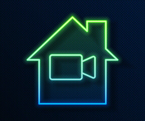Glowing neon line Video camera Off in home icon isolated on blue background. No video. Vector