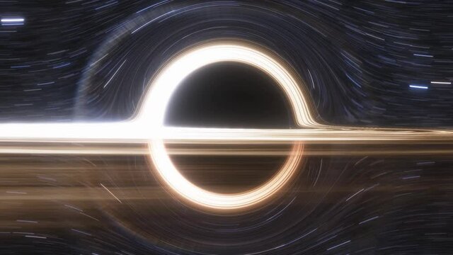 Animation of supermassive black hole. Accretion disk of matter on the event horizon of black hole. Space, light and time are distorted by strong gravity on the event horizon