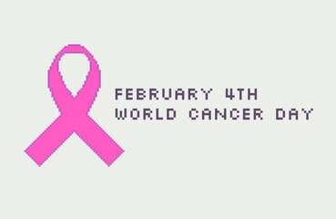Pixel pink awareness ribbon. February 4th. World cancer day.