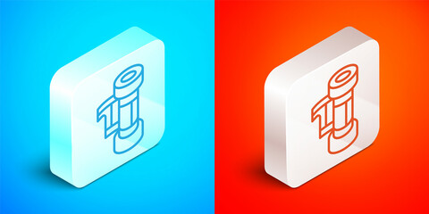 Isometric line Camera vintage film roll cartridge icon isolated on blue and red background. 35mm film canister. Filmstrip photographer equipment. Silver square button. Vector