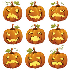 Halloween cartoon pumpkins faces. Vector illustration set. Halloween pumpkin element collection in spooky, scary,  funny and expression with facial expressions for icons and decorations isolated in wh
