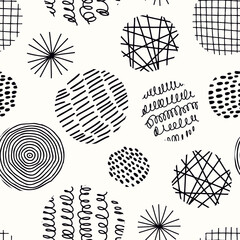 Vector seamless pattern with round textured elements for posters, prints, textile, fabric. Hand drawn contemporary trendy doodle shapes with stripes, dots, lines, curves, waves. © Eireen