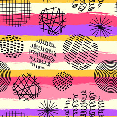 Vector seamless pattern with round textured elements for posters, prints, textile, fabric. Hand drawn contemporary trendy doodle shapes with stripes, dots, lines, curves, waves.