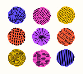 Vector set with round textured elements for posters, prints, Social Media Icons. Hand drawn contemporary trendy doodle shapes with stripes, dots, lines, curves, waves.