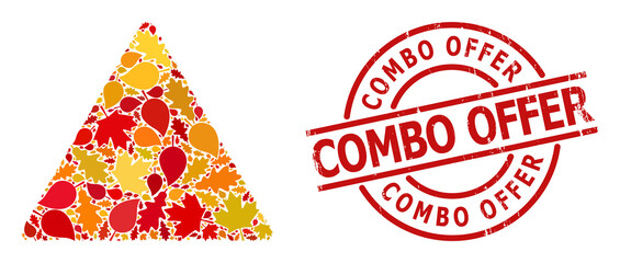 Hand Warning mosaic icon constructed for fall seasonwith Combo Offer rubber watermark. Vector hand warning mosaic is constructed of random autumn maple and oak leaves.