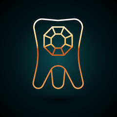 Gold line Tooth with diamond icon isolated on dark blue background. Vector