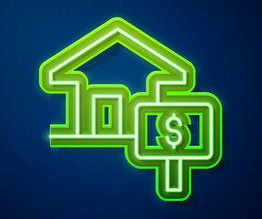 Glowing neon line House with dollar symbol icon isolated on blue background. Home and money. Real estate concept. Vector