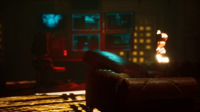 sci fi futuristic interior with neon lights