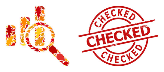 Expore Bar Chart mosaic icon created for fall season, and Checked dirty stamp seal. Vector expore bar chart mosaic is made from random autumn maple and oak leaves.