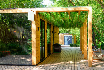 Canopy overgrown with green plants, landscaping of cafe exterior in park