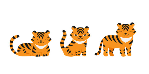 Fototapeta na wymiar Set cute little tiger characters. Vector flat style.