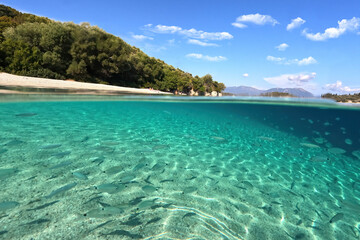 Underwater split photo of famous bay and sandy turquoise beach of Fanari with crystal clear calm sea and rich aquatic life in Ionian island of Meganisi, Greece