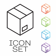 Black line Carton cardboard box icon isolated on white background. Box, package, parcel sign. Delivery and packaging. Set icons colorful. Vector