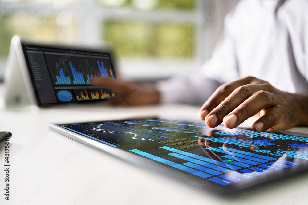 Poster African Businessman Using Analytics Data KPI Dashboard