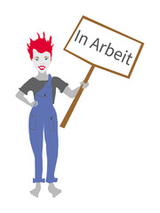 Frau in Arbeitskleidung hält Schild mit Aufschrift 