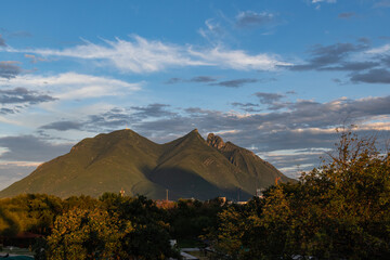 Cerro de la Silla (Saddle Mountain) in Monterrey, Mexico at sunset.