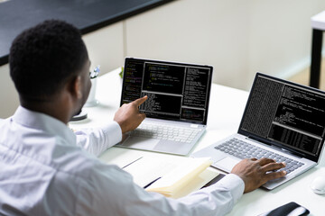 Fototapeta na wymiar African American Programmer Man Coding