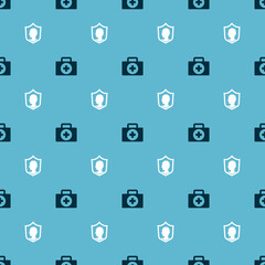 Set First aid kit and Life insurance with shield on seamless pattern. Vector