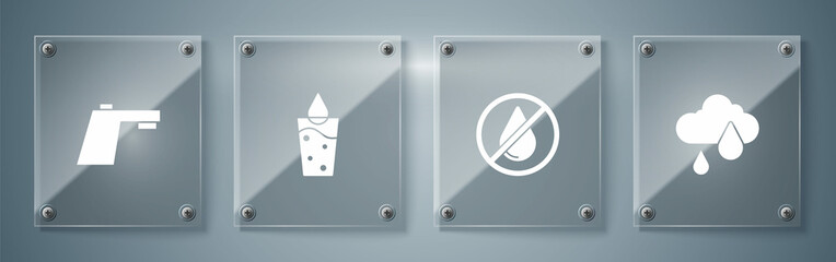 Set Cloud with rain, Water drop forbidden, Glass water and tap. Square glass panels. Vector