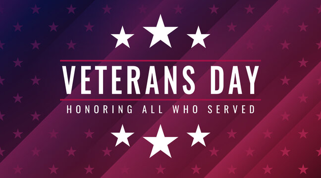 Veterans Day - Honoring All Who Served Poster. Celebrating United States Veterans Day on November 11. American federal holiday. White text on blue red gradient striped background