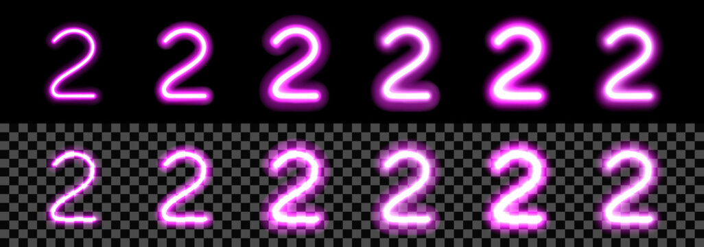 Neon Purple Glowing Number 2 on black background. Digit Two with transparency with different thickness and glow saturation variations. For billboard, price, advertisement, discount, poster