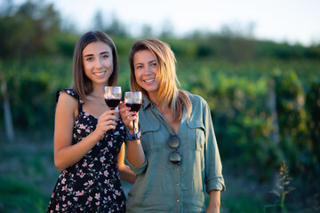 Beautiful girls tasting wine in a field near vineyard field. Celebrating successful harvest season. Couple having a romantic date. Rural tourism concept