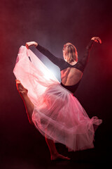 ballerina with a white dress and black top posing on red smoke background © Nikola Spasenoski