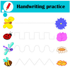 Educational game for children to practice writing. Insects butterfly, dragonfly, ladybug, bumblebee