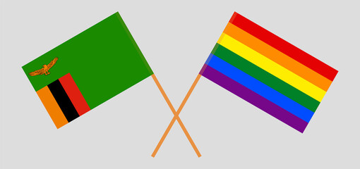 Crossed flags of the Republic of Zambia and LGBTQ. Official colors. Correct proportion