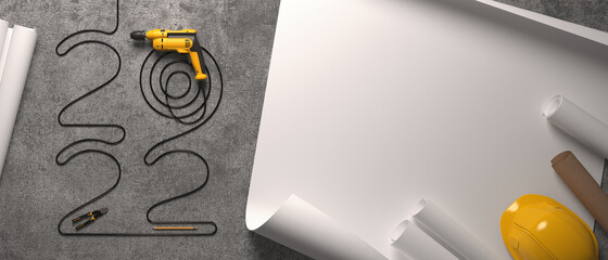 "2022" made of a drill wire and a set of construction tools, all on a grey concrete background.
Creative 2022 New Year design template for building and engineering companies. 3D render.