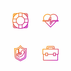 Set line Briefcase, Life insurance with shield, Lifebuoy and . Gradient color icons. Vector