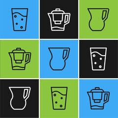 Set line Glass with water, Jug glass and Water jug filter icon. Vector