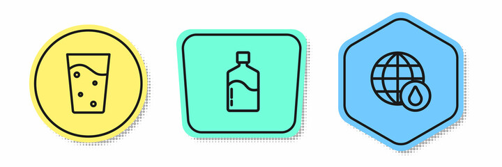 Set line Glass with water, Big bottle clean and Earth planet in drop. Colored shapes. Vector