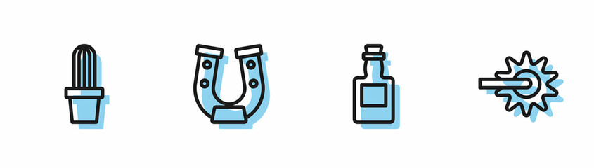 Set line Tequila bottle, Cactus peyote in pot, Horseshoe and Spur icon. Vector