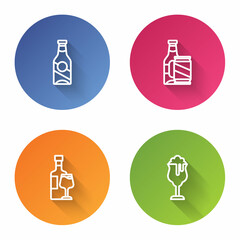 Set line Beer bottle, and beer can, Wine with glass and Glass of. Color circle button. Vector