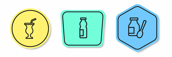 Set line Milkshake, Drinking yogurt in bottle and . Colored shapes. Vector