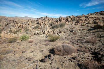 A Cliff with Piled Giant Boulders on a Mountains Trail Near Pioneertown, California