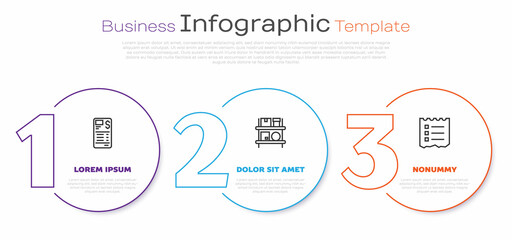 Set line Paper or financial check, Warehouse interior with boxes and Shopping list. Business infographic template. Vector
