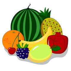 Set of fruits on a white background: watermelon, pineapple, pomegranate, orange, banana, cherry, blackberry, mango