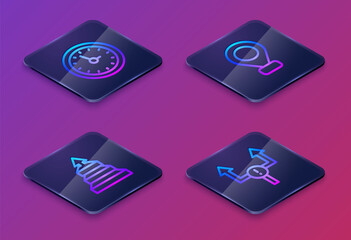 Set Isometric line Clock, Pyramid chart infographics, Location and Arrow. Blue square button. Vector