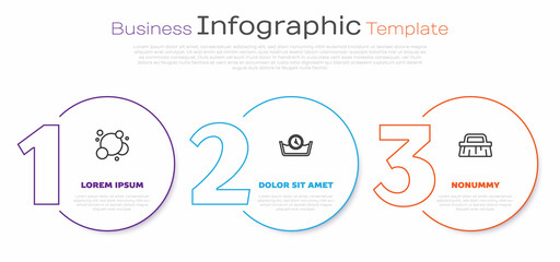 Set line Soap water bubbles, Time wash and Brush for cleaning. Business infographic template. Vector